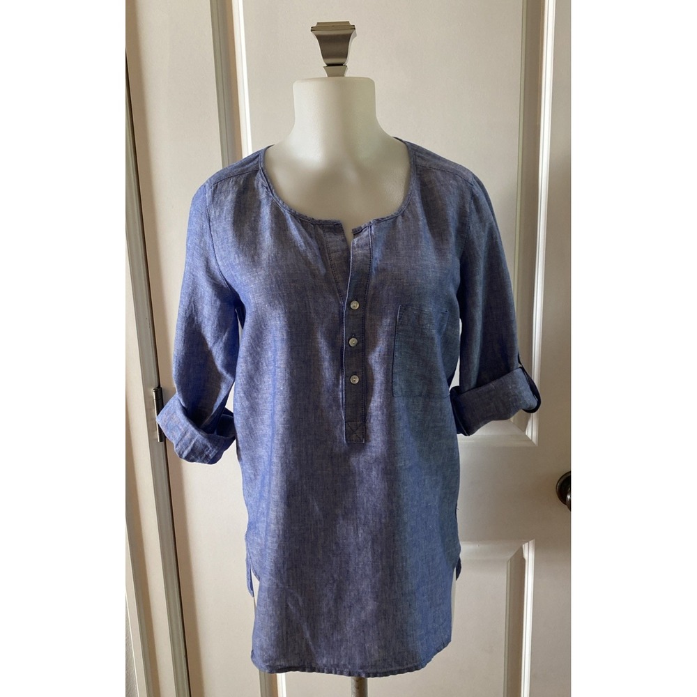 Max Studio Blue Long Sleeve Henley Linen Blend Popover Size Small Rolled Sleeve